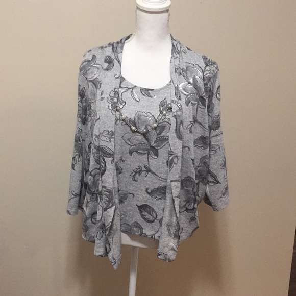 Alfred Dunner Sweaters - Alfred Dunner Womens Gray/Silver Cardigan w/ Attached Tank & Necklace, M…